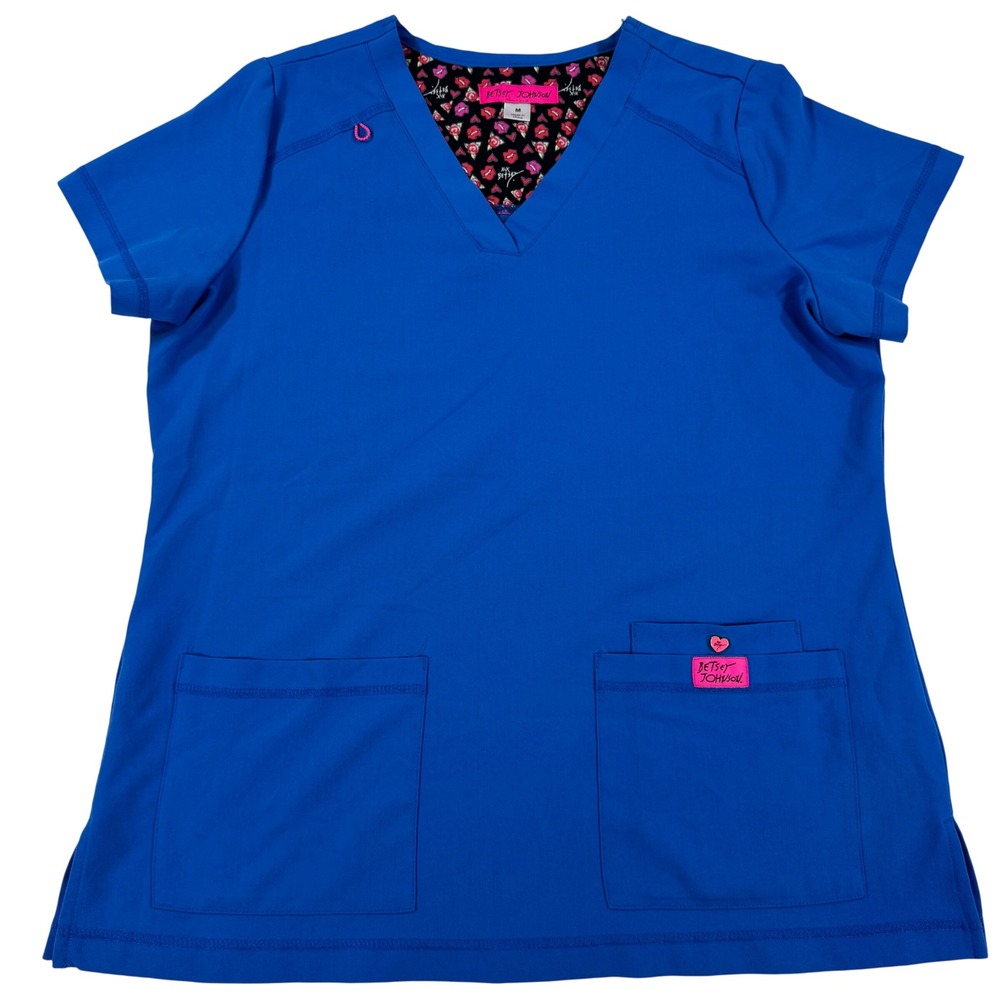 Betsey Johnson Women's Blue V-Neck Scrub Top Medical Uniform Size M Lip Print